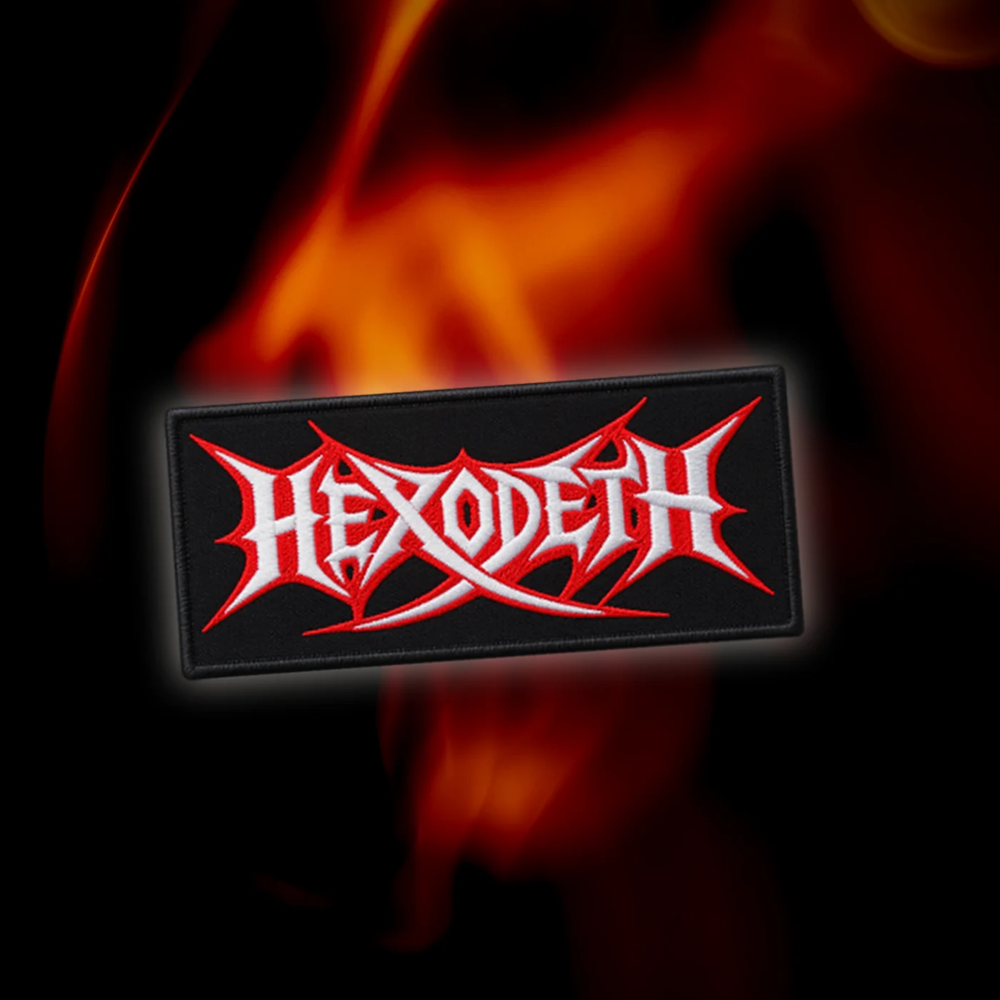 Hexodeth embroidered patch, red and white logo on black